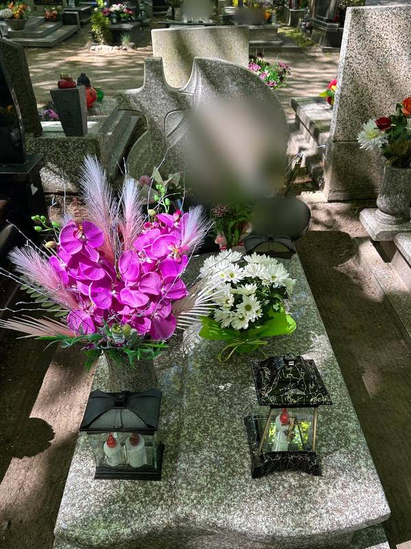 Grób w letnim słońcu z różowymi storczykami, białymi margerytkami i lampionami
